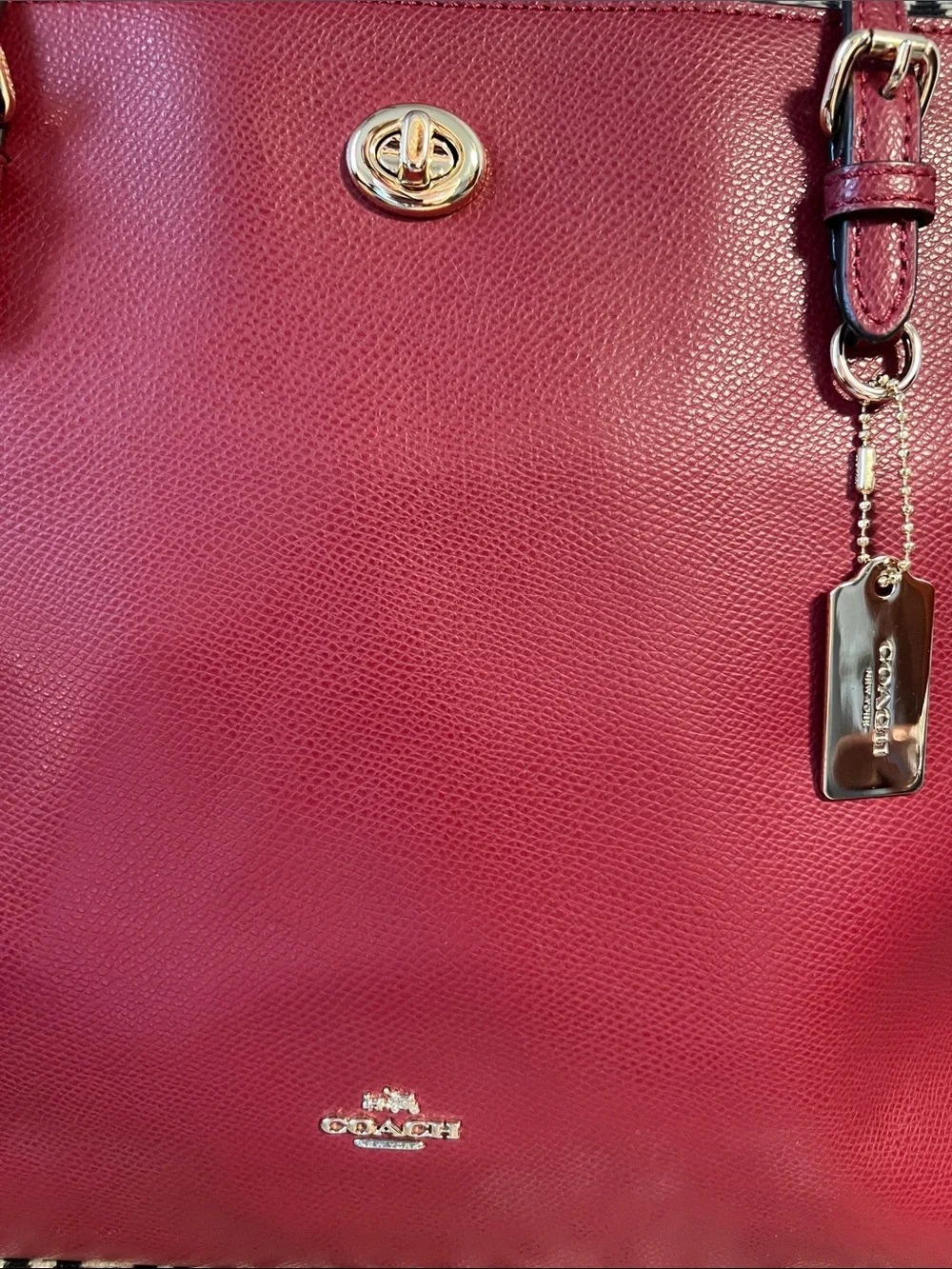 Coach Burgundy Leather Tote with Gold-Tone  Turnlock - Cherry Red